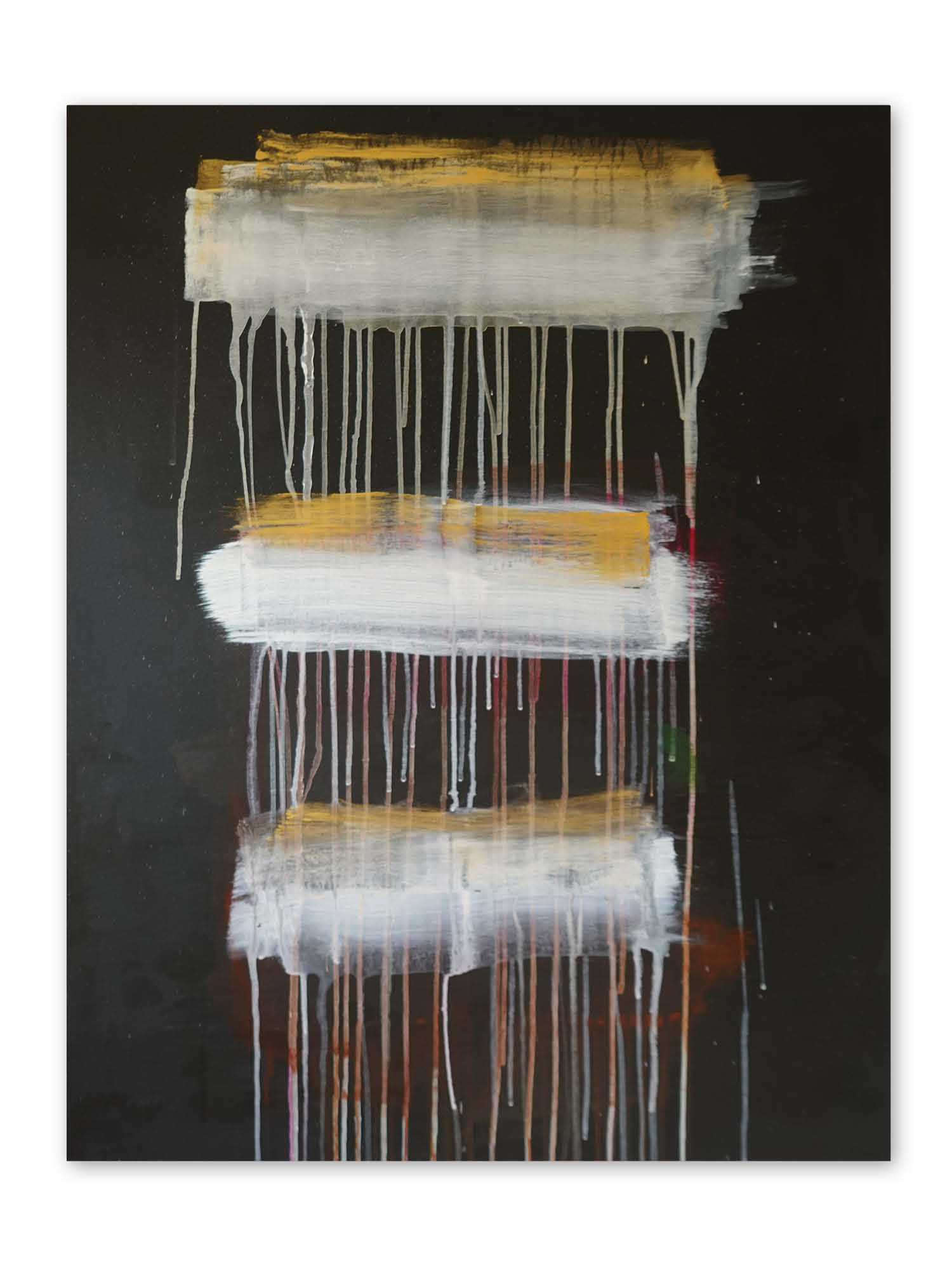 Abstrakte Acrylmalerei mit schwarzen, weißen und goldfarbenen Farbflächen sowie vertikal verlaufenden Farblinien.