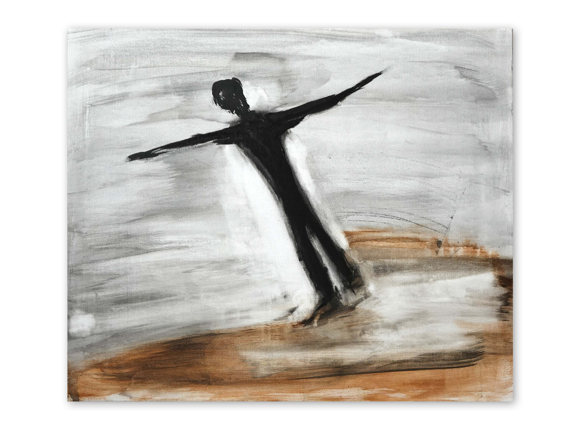 Acrylmalerei mit reduzierter schwarzer Figur vor hellem Hintergrund und erdigen Farbbereichen.